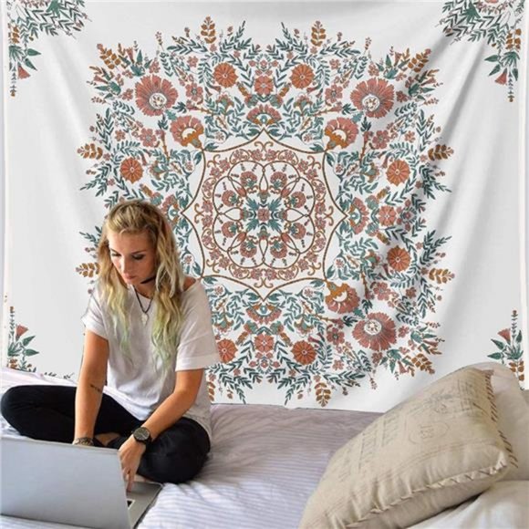Mandala Flower Tapestry Wall Hanging - Bohemian Hippie White Tapestry Sketched - Picture 3 of 7
